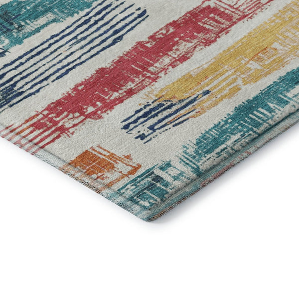 HomeRoots 8' Ivory Teal and Orange Striped Washable Round Rug - Durable, UV-Protected, Kid-Friendly Design! 696491