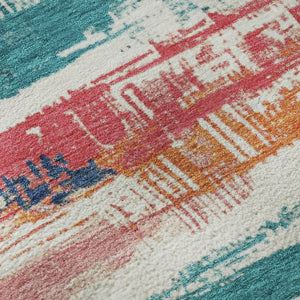 HomeRoots 8' Ivory Teal and Orange Striped Washable Round Rug - Durable, UV-Protected, Kid-Friendly Design! 696491