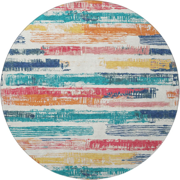 HomeRoots 8' Ivory Teal and Orange Striped Washable Round Rug - Durable, UV-Protected, Kid-Friendly Design! 696491