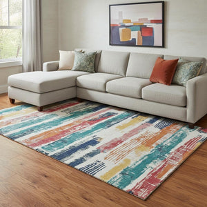 HomeRoots 8' X 10' Stylish Ivory, Teal, and Orange Striped Washable Area Rug with UV Protection & Stain Resistance 696492