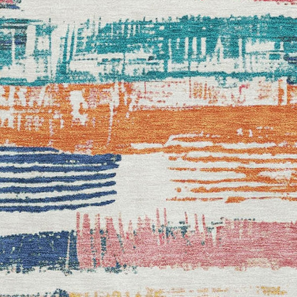 HomeRoots 8' X 10' Stylish Ivory, Teal, and Orange Striped Washable Area Rug with UV Protection & Stain Resistance 696492