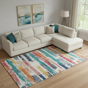 HomeRoots 9' X 12' Ivory Teal Orange Striped Area Rug – Washable, UV Protected, Durable & Stain-Resistant Design 696493