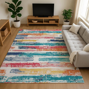 HomeRoots 9' X 12' Ivory Teal Orange Striped Area Rug – Washable, UV Protected, Durable & Stain-Resistant Design 696493