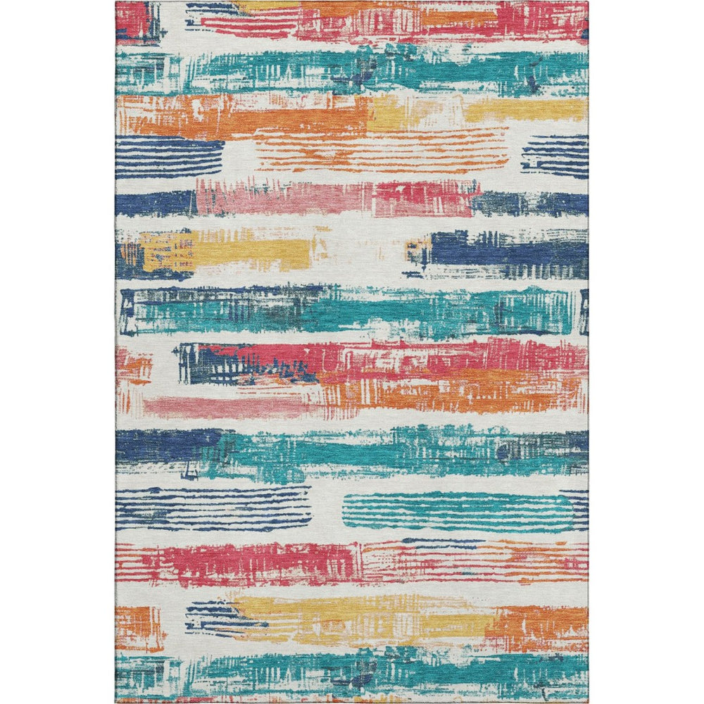 HomeRoots 9' X 12' Ivory Teal Orange Striped Area Rug – Washable, UV Protected, Durable & Stain-Resistant Design 696493