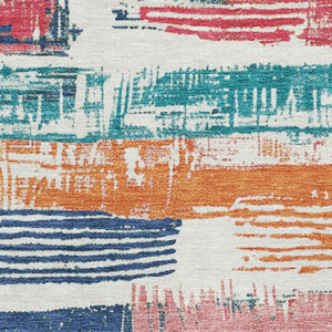 HomeRoots 9' X 12' Ivory Teal Orange Striped Area Rug – Washable, UV Protected, Durable & Stain-Resistant Design 696493