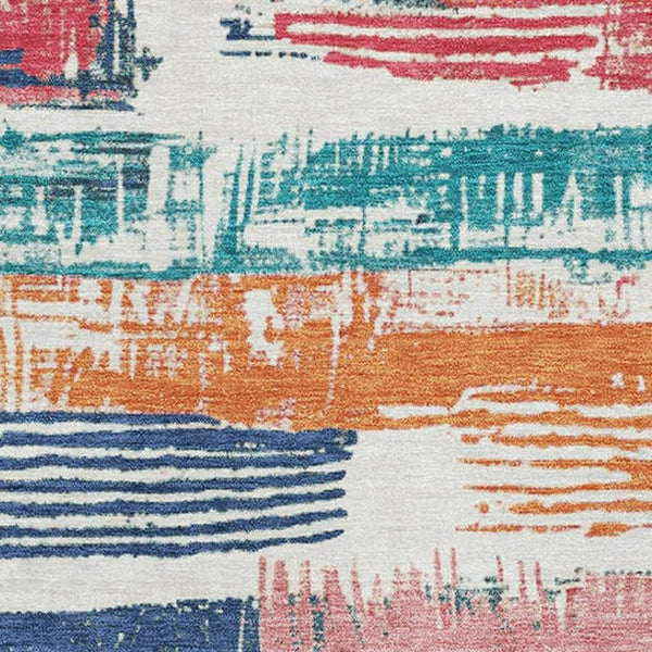 HomeRoots 9' X 12' Ivory Teal Orange Striped Area Rug – Washable, UV Protected, Durable & Stain-Resistant Design 696493