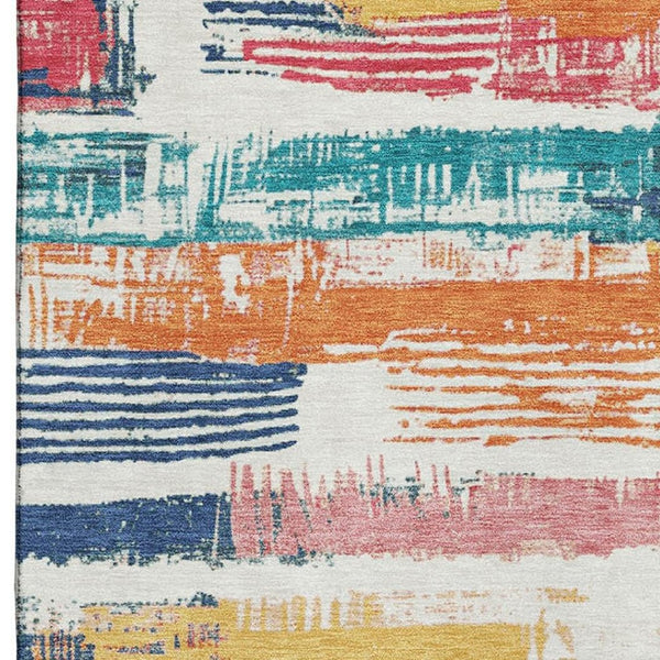 HomeRoots 9' X 12' Ivory Teal Orange Striped Area Rug – Washable, UV Protected, Durable & Stain-Resistant Design 696493