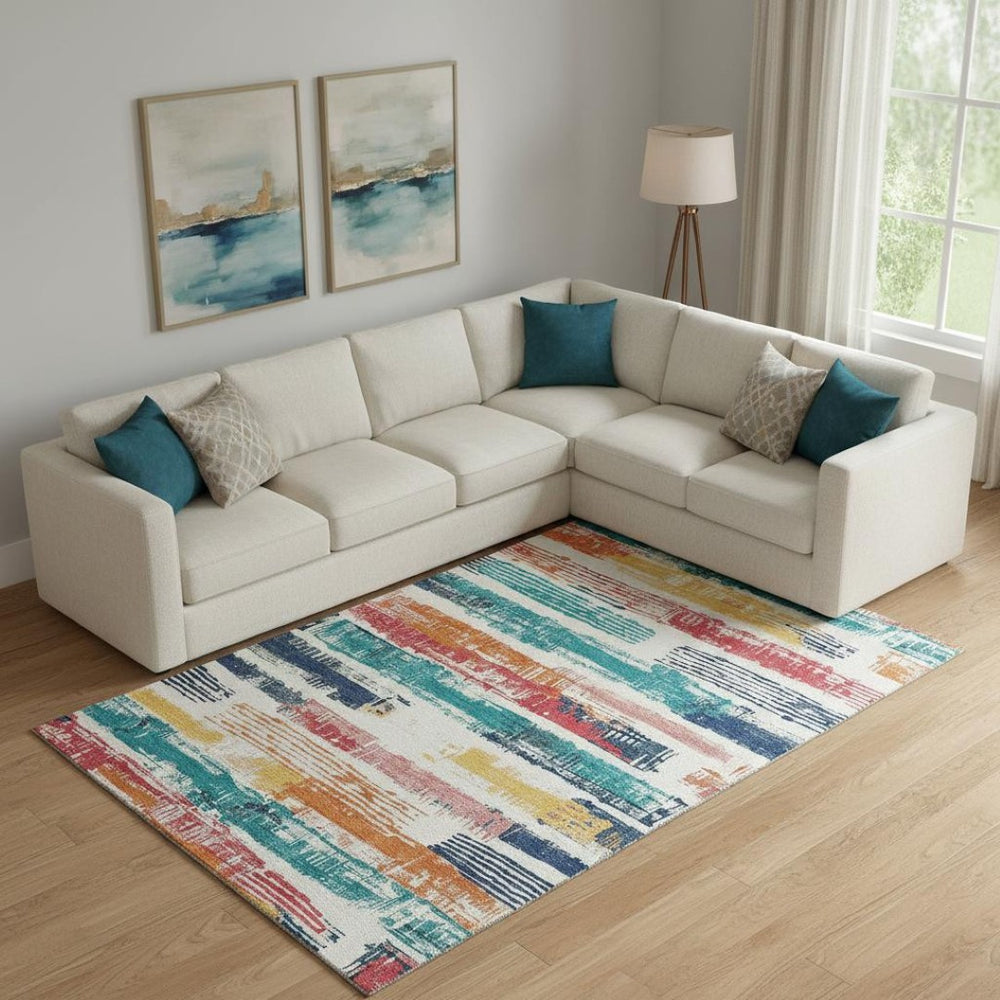 HomeRoots 10' Modern Ivory, Teal & Orange Striped Washable Area Rug with UV Protection for Bright Spaces 696494