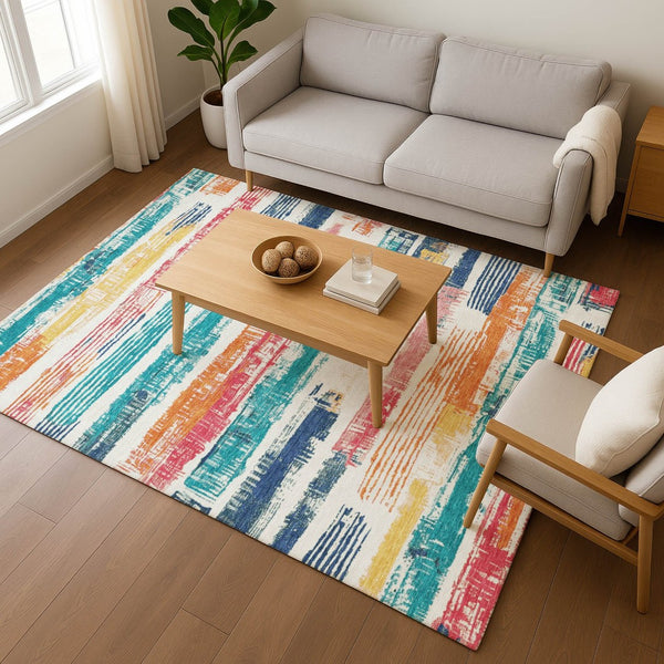 HomeRoots 10' Modern Ivory, Teal & Orange Striped Washable Area Rug with UV Protection for Bright Spaces 696494