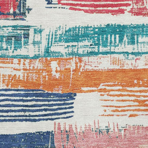 HomeRoots 10' Modern Ivory, Teal & Orange Striped Washable Area Rug with UV Protection for Bright Spaces 696494