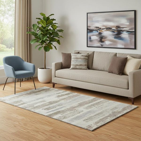 HomeRoots 5' X 8' Washable Linen Gray & Ivory Striped Area Rug with UV Protection - Durable & Stylish Décor 696496