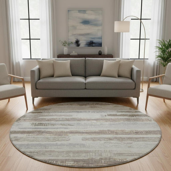 HomeRoots 8' Stylish Linen Gray and Ivory Striped Washable Round Rug with UV Protection for Any Space 696497