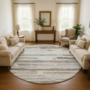 HomeRoots 8' Stylish Linen Gray and Ivory Striped Washable Round Rug with UV Protection for Any Space 696497