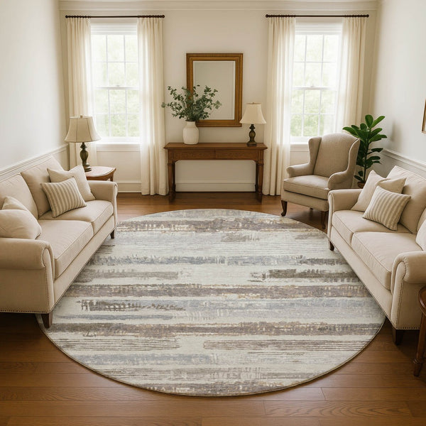 HomeRoots 8' Stylish Linen Gray and Ivory Striped Washable Round Rug with UV Protection for Any Space 696497