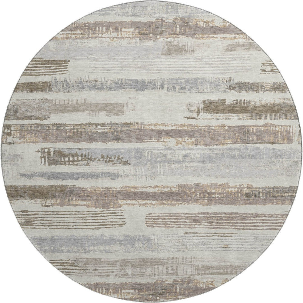 HomeRoots 8' Stylish Linen Gray and Ivory Striped Washable Round Rug with UV Protection for Any Space 696497