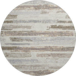 HomeRoots 8' Stylish Linen Gray and Ivory Striped Washable Round Rug with UV Protection for Any Space 696497