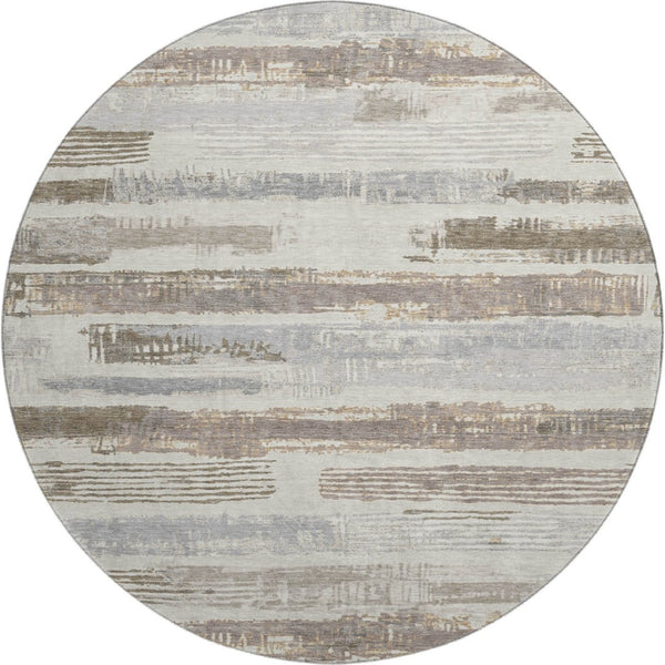 HomeRoots 8' Stylish Linen Gray and Ivory Striped Washable Round Rug with UV Protection for Any Space 696497