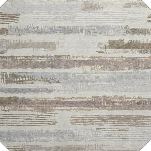 HomeRoots 8' Stylish Linen Gray and Ivory Striped Washable Round Rug with UV Protection for Any Space 696497