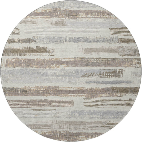 HomeRoots 8' Stylish Linen Gray and Ivory Striped Washable Round Rug with UV Protection for Any Space 696497