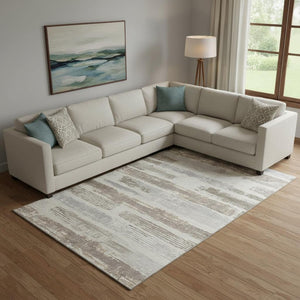 HomeRoots 9' X 12' Linen Gray & Ivory Striped Washable Area Rug - Durable, UV Protected, Family-Friendly Design 696499