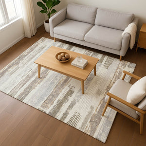 HomeRoots 9' X 12' Linen Gray & Ivory Striped Washable Area Rug - Durable, UV Protected, Family-Friendly Design 696499