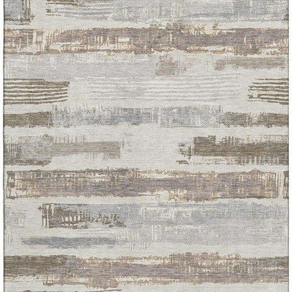 HomeRoots 9' X 12' Linen Gray & Ivory Striped Washable Area Rug - Durable, UV Protected, Family-Friendly Design 696499