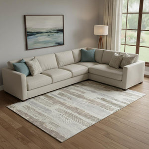 HomeRoots 10' X 14' Stylish Linen Gray & Ivory Striped Washable Area Rug with UV Protection for Easy Care 696500