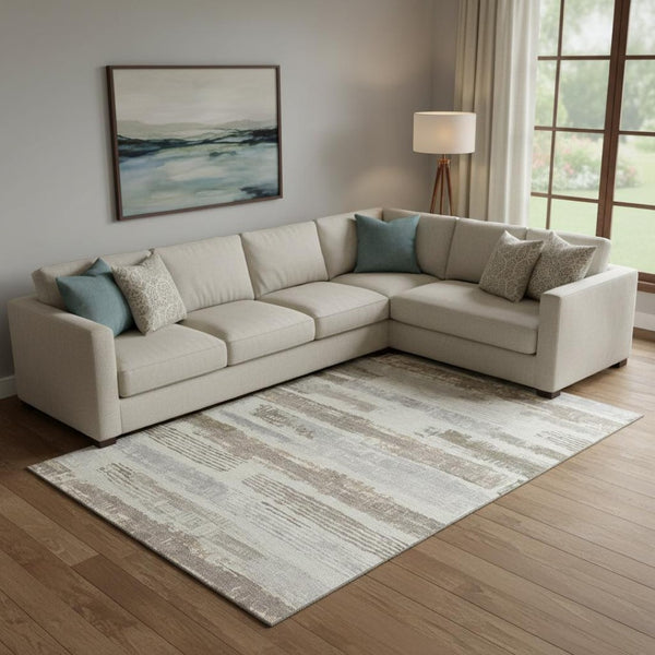 HomeRoots 10' X 14' Stylish Linen Gray & Ivory Striped Washable Area Rug with UV Protection for Easy Care 696500