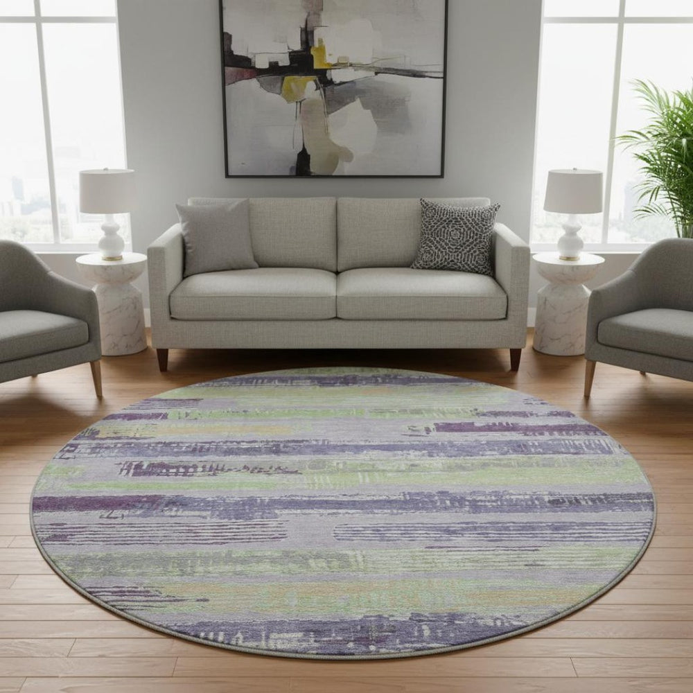 HomeRoots 8' Lavender Green & Ivory Striped Washable Round Rug – UV Protected, Stain Resistant, Easy Care! 696503