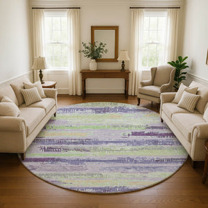 HomeRoots 8' Lavender Green & Ivory Striped Washable Round Rug – UV Protected, Stain Resistant, Easy Care! 696503