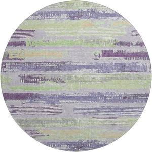 HomeRoots 8' Lavender Green & Ivory Striped Washable Round Rug – UV Protected, Stain Resistant, Easy Care! 696503