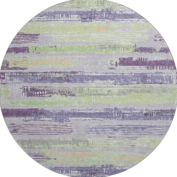 HomeRoots 8' Lavender Green & Ivory Striped Washable Round Rug – UV Protected, Stain Resistant, Easy Care! 696503