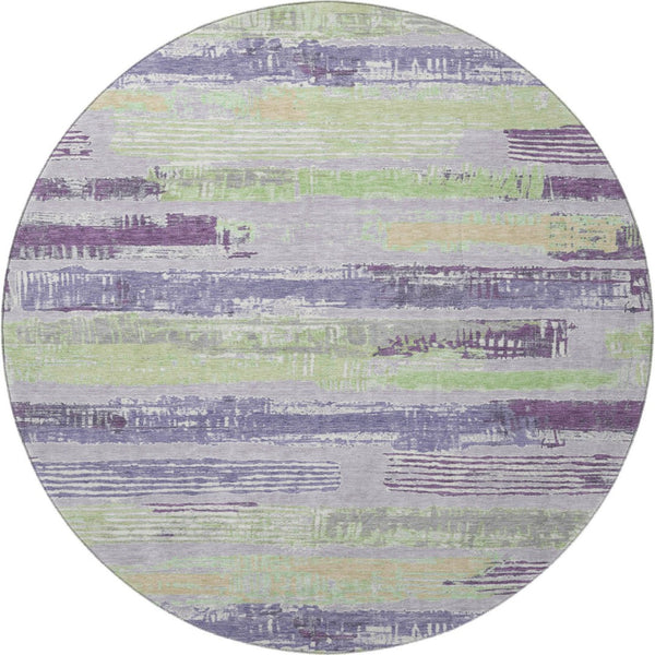 HomeRoots 8' Lavender Green & Ivory Striped Washable Round Rug – UV Protected, Stain Resistant, Easy Care! 696503