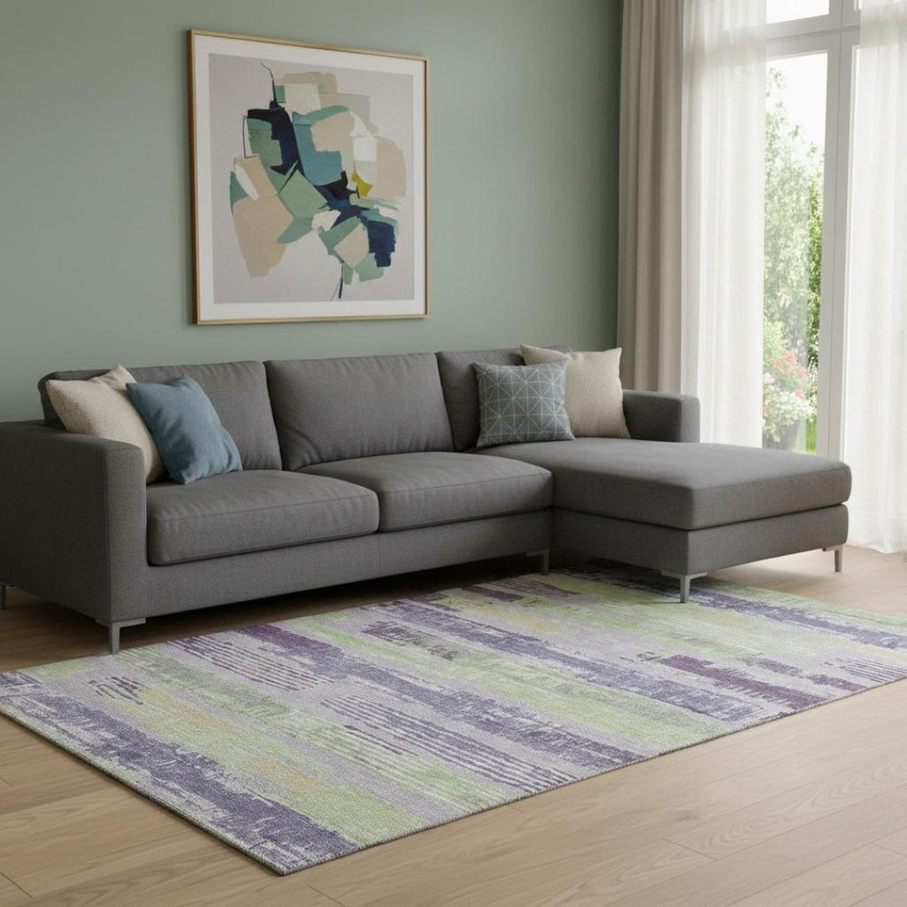 HomeRoots 8' X 10' Stylish Lavender Green & Ivory Striped Washable Area Rug with UV Protection & Durability 696504