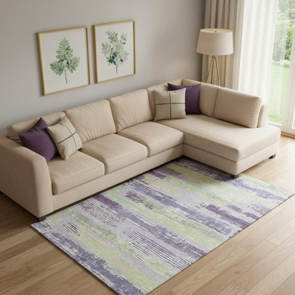 HomeRoots 9' X 12' Stylish Lavender Green and Ivory Striped Washable Area Rug with UV Protection & Comfort 696505