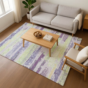 HomeRoots 9' X 12' Stylish Lavender Green and Ivory Striped Washable Area Rug with UV Protection & Comfort 696505