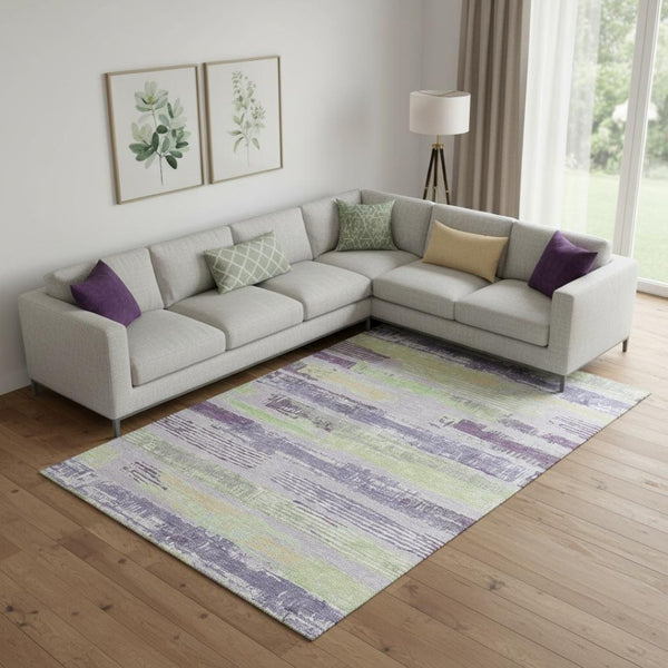 HomeRoots 10' X 14' Stylish Lavender Green & Ivory Striped Washable Area Rug with UV Protection & Durability 696506