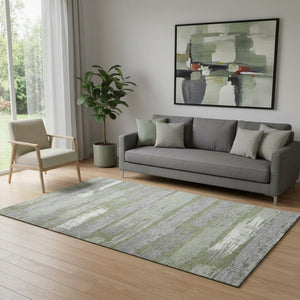 HomeRoots 5' X 8' Striped Olive Green, Gray & Silver Washable Area Rug with UV Protection for Indoor & Outdoor Use 696508