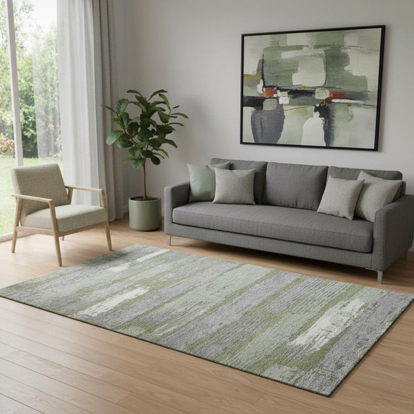 HomeRoots 5' X 8' Striped Olive Green, Gray & Silver Washable Area Rug with UV Protection for Indoor & Outdoor Use 696508