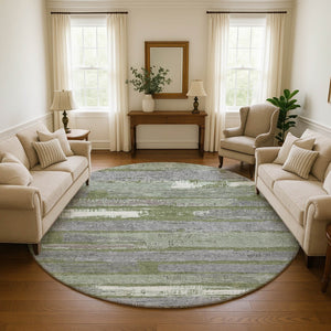 HomeRoots 8' Olive Green Gray and Silver Striped Washable Round Rug - UV Protected, Pet-Friendly, Durable Design 696509