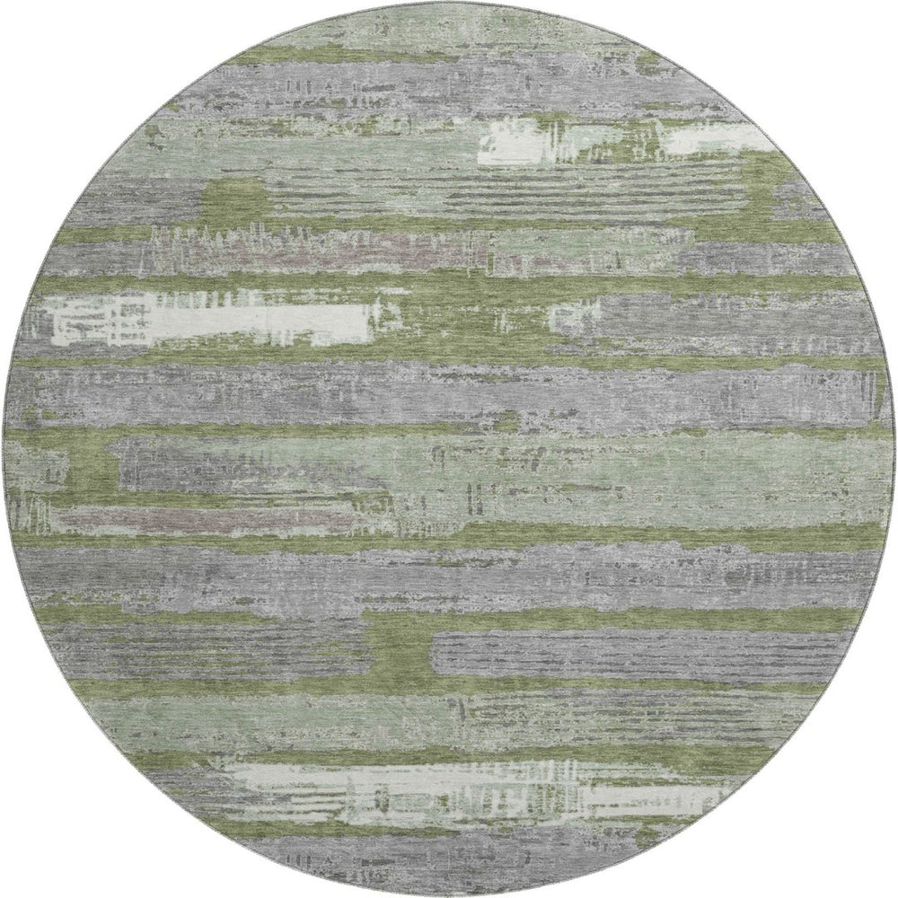 HomeRoots 8' Olive Green Gray and Silver Striped Washable Round Rug - UV Protected, Pet-Friendly, Durable Design 696509