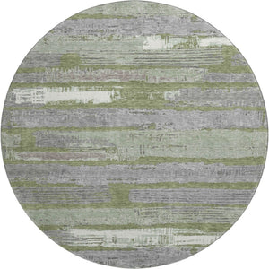 HomeRoots 8' Olive Green Gray and Silver Striped Washable Round Rug - UV Protected, Pet-Friendly, Durable Design 696509