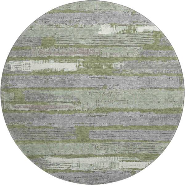 HomeRoots 8' Olive Green Gray and Silver Striped Washable Round Rug - UV Protected, Pet-Friendly, Durable Design 696509
