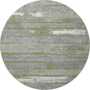 HomeRoots 8' Olive Green Gray and Silver Striped Washable Round Rug - UV Protected, Pet-Friendly, Durable Design 696509