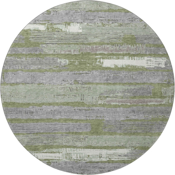 HomeRoots 8' Olive Green Gray and Silver Striped Washable Round Rug - UV Protected, Pet-Friendly, Durable Design 696509