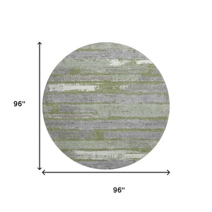 HomeRoots 8' Olive Green Gray and Silver Striped Washable Round Rug - UV Protected, Pet-Friendly, Durable Design 696509