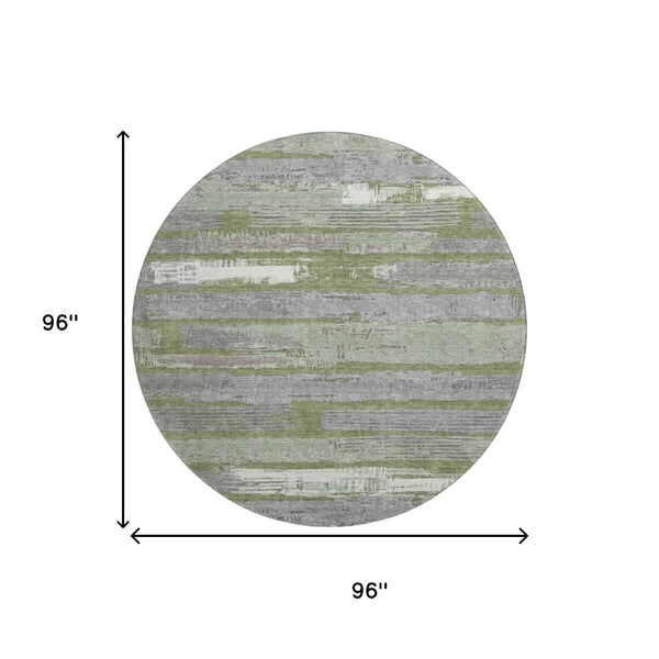 HomeRoots 8' Olive Green Gray and Silver Striped Washable Round Rug - UV Protected, Pet-Friendly, Durable Design 696509