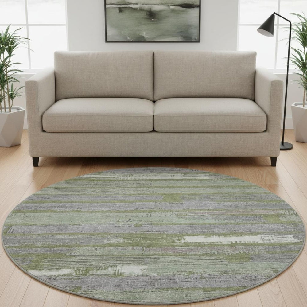 HomeRoots 8' Olive Green Gray and Silver Striped Washable Round Rug - UV Protected, Pet-Friendly, Durable Design 696509