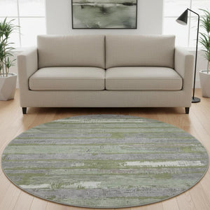 HomeRoots 8' Olive Green Gray and Silver Striped Washable Round Rug - UV Protected, Pet-Friendly, Durable Design 696509