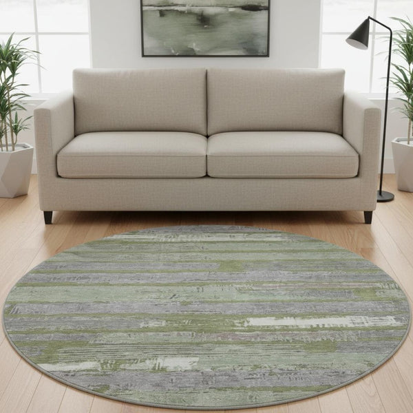 HomeRoots 8' Olive Green Gray and Silver Striped Washable Round Rug - UV Protected, Pet-Friendly, Durable Design 696509